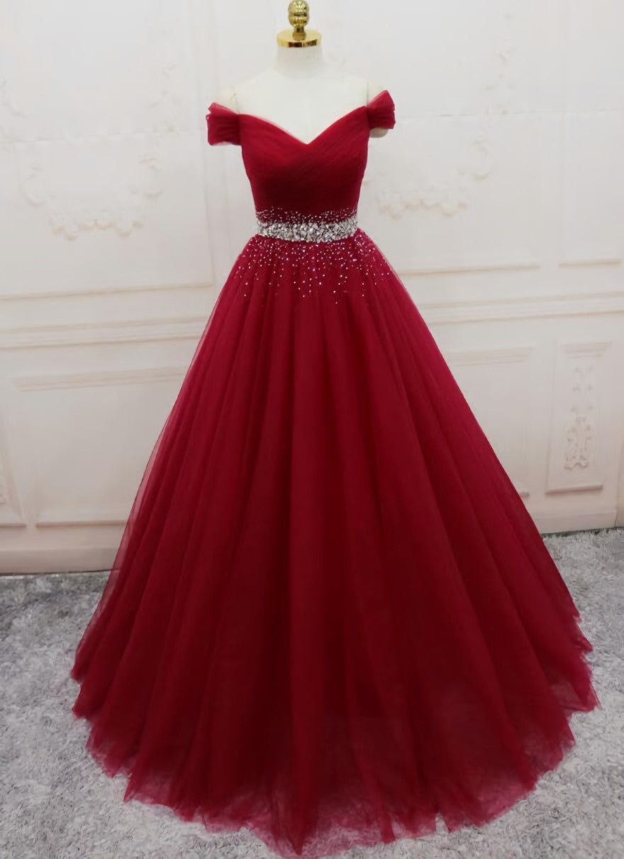 Handmade A-line Prom Dress , Off Shoulder Wine Red Party Dress