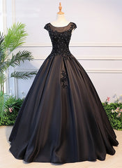 High Quality Black Satin Long Party Dress, Black Evening Gown