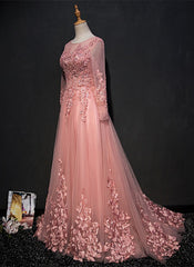 High Quality Tulle Party Dress with Lace Applique, Long Prom Gown