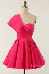 Hot Pink One Shoulder Short A-line Party Dress