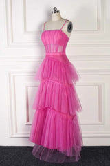 Hot Pink Spaghetti Straps A-Line Tulle Tiered Long Party Dress