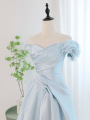 Blue Satin Tulle Long Prom Dress, Off Shoulder Formal Evening Dress