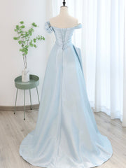 Blue Satin Tulle Long Prom Dress, Off Shoulder Formal Evening Dress