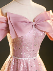Sparkly Off-Shoulder Sequins Floor Length Formal Dress, Beautiful Pink Prom Dress
