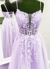 Lavender Lace Applique Tulle A-line Party Dress, Floor Length Evening Gown
