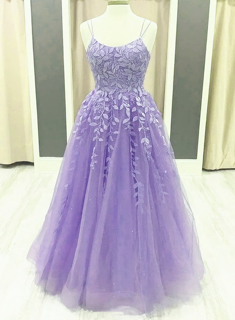 Lavender Spaghetti-Straps Lace Appliques Tulle Floor Length, Lavender A-Line Prom Dress