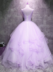 Lavender Tulle with Flowers Ball Gown Sweet 16 Dress, Lavender Long Formal Dress