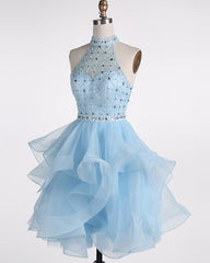 Light Blue Beaded Layers Knee Length Party Dress, Blue Homecoming Dress Short Prom Dress