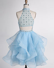 Light Blue Beaded Layers Knee Length Party Dress, Blue Homecoming Dress Short Prom Dress