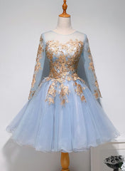 Light Blue Long Sleeves with Gold Lace Cute Homecoming Dress, Blue Short Prom Dress