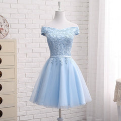 Light Blue Off Shoulder Tulle Party Dress, Blue Homecoming Dresses