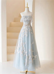Light Blue Prom Dresses Fairy,Long Blue Tulle Floral Appliques Formal Dresses