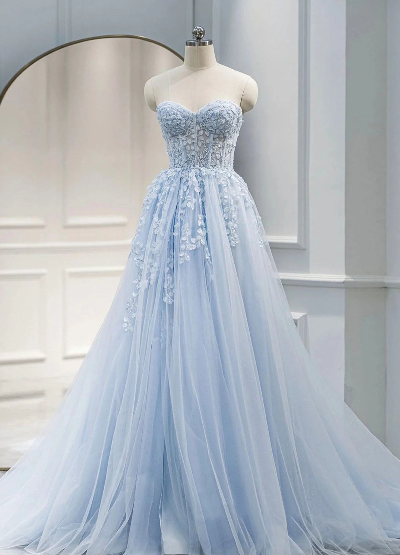 Light Blue Sweetheart Tulle with Lace Long Wedding Party Dress, Blue Prom Dress