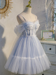 Light Blue Tulle with Beaded Short Homecoming Dresses, Blue Short Prom Dresses