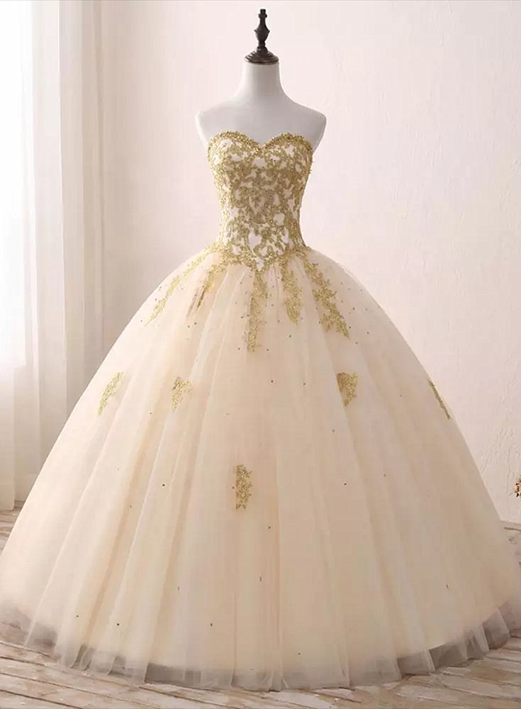 Light Champagne Ball Gown Party Dress, Sweet 16 dress with Gold Applique