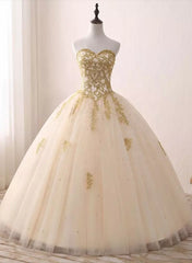 Light Champagne Ball Gown Party Dress, Sweet 16 dress with Gold Applique
