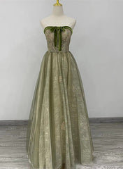 Light Green A-line Sweetheart Long Formal Dress, Green Lace Prom Dress