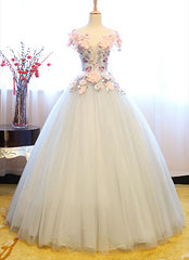 Light Grey Tulle Party Dress, Grey Sweet 16 Flowers Gown