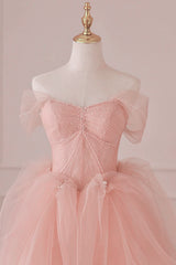Light Pink Tulle Off Shoulder Lace and Beaded Prom Dress, Pink Formal Dress