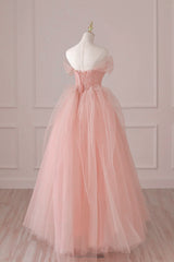 Light Pink Tulle Off Shoulder Lace and Beaded Prom Dress, Pink Formal Dress
