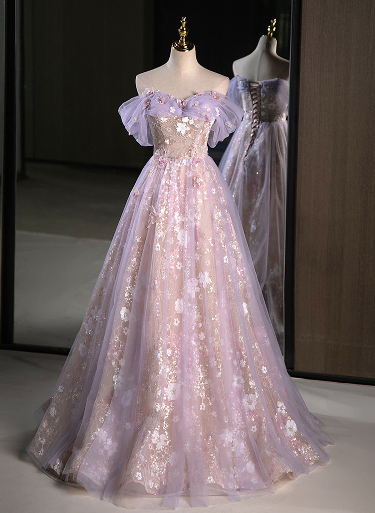 Light Purple A-line Tulle with Floral Long Prom Dress, Light Purple Evening Dress Party Dress