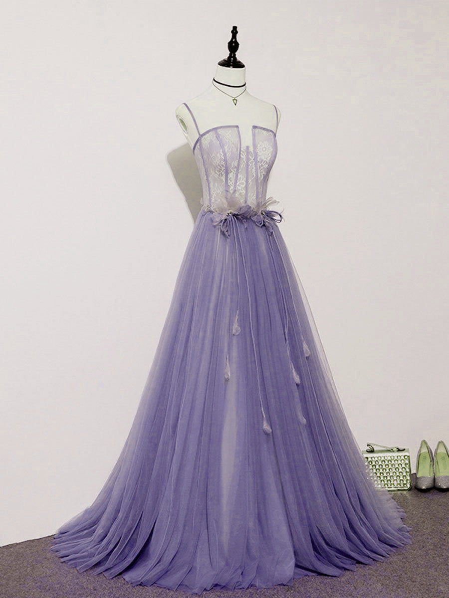 Light Purple Lace Top and Tulle A-line Straps Evening Dress Formal Dress, Purple Prom Dress