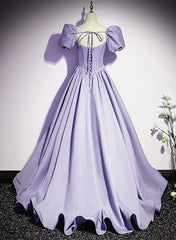 Light Purple Satin Short Sleeves Beaded Party Dress, A-line Long Prom Dress