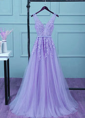 Light Purple Tulle Long Party Dress , A-line Bridesmaid Dress