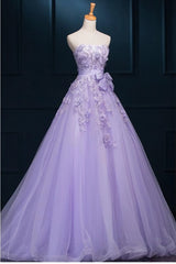 Light Purple Tulle Long Sweet 16 Dress with Bow, Lace Applique Purple Prom Dress Party Dress