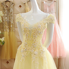 Light Yellow Tulle Cap Sleeves with Lace Applique Prom Dress, Yellow Long Evening Dress