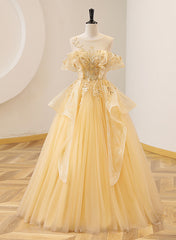 Light Yellow Tulle with Beadings and Lace Party Dress, Yellow Tulle Prom Dress