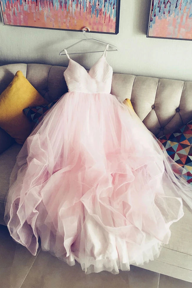 Light Pink Spaghetti Straps Tulle Long Prom Formal Dress, Puffy Party Dress