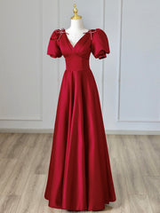 Burgundy V-Neck Satin Long Prom Dress, Burgundy Formal Evening Dress