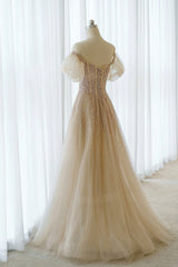 A-Line Tulle Beaded Long Prom Dress, Champagne Short Sleeve Evening Dress