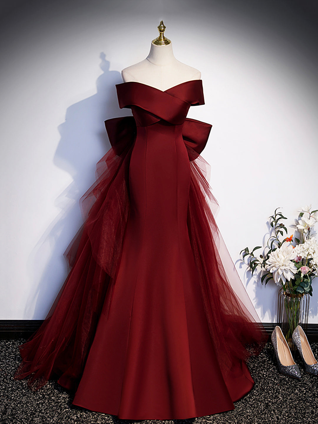 Burgundy V-Neck Satin Long Prom Dress, Mermaid Off Shoulder Evening Dress with Bow