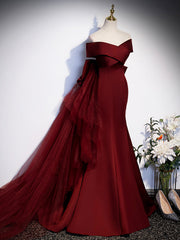 Burgundy V-Neck Satin Long Prom Dress, Mermaid Off Shoulder Evening Dress with Bow