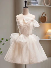 Champagne Spaghetti Strap Tulle Short Prom Dress, Cute A-Line Homecoming Dress