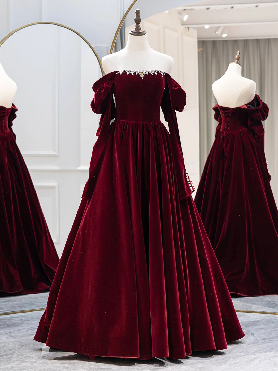 Burgundy Velvet Long Formal Dress, Elegant Long Sleeve A-Line Prom Dress
