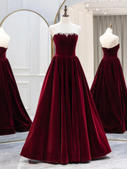 Burgundy Velvet Long Formal Dress, Elegant Long Sleeve A-Line Prom Dress