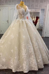 Long A-line Bateau Appliques Lace Sequins Tulle Wedding Dress