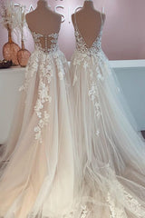 Long A-Line Tulle Lace Appliques Backless Wedding Dress
