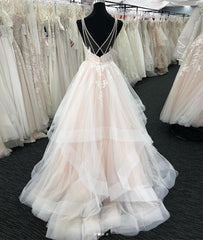 Long A-line Tulle V Neck Open Back Layered Wedding Dress