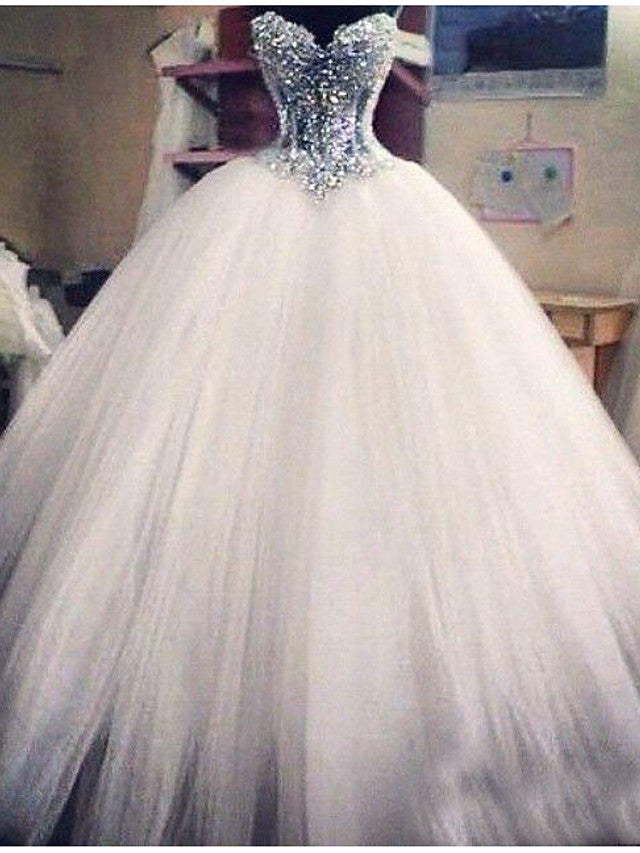 Long Ball Gown Strapless Lace Tulle Wedding Dresses