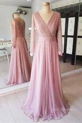 Long Sleeves V Neck Pink Chiffon Long Prom Dress, Long Sleeves Pink Bridesmaid Dress, Pink Formal Evening Dress