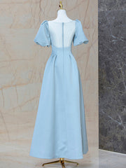 Blue Satin Pearl Long Prom Dress, A-Line Blue Evening Party Dress