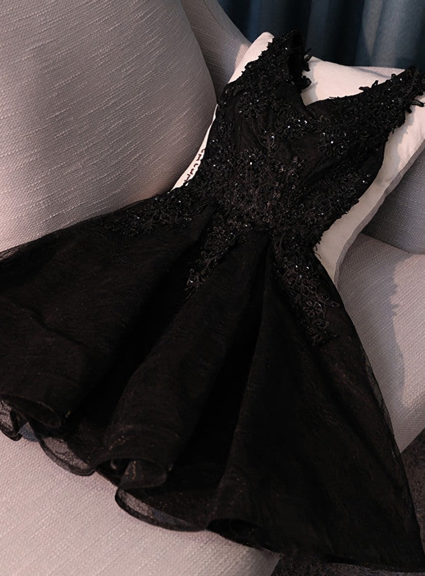 Lovely Black Lace V-neckline Short Homecoming Dress, Black Party Dress