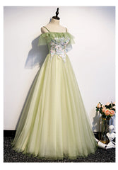 Lovely Flowers Off Shoulder Tulle Long Party Dress, A-line Tulle Light Green Prom Dress