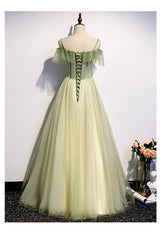 Lovely Flowers Off Shoulder Tulle Long Party Dress, A-line Tulle Light Green Prom Dress