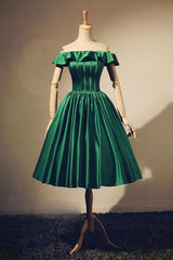 Lovely Green Satin Off Shoulder Knee Length Homecoming Dress, Short Prom Dress