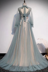 Lovely Long Sleeves Tulle Prom Dress with Flowers, Unique Long Prom Dress with  Lace Applique